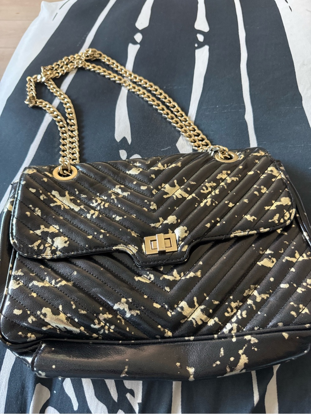 Steve Madden Black Shoulder Bag with Gold Splatter & Chain Strap